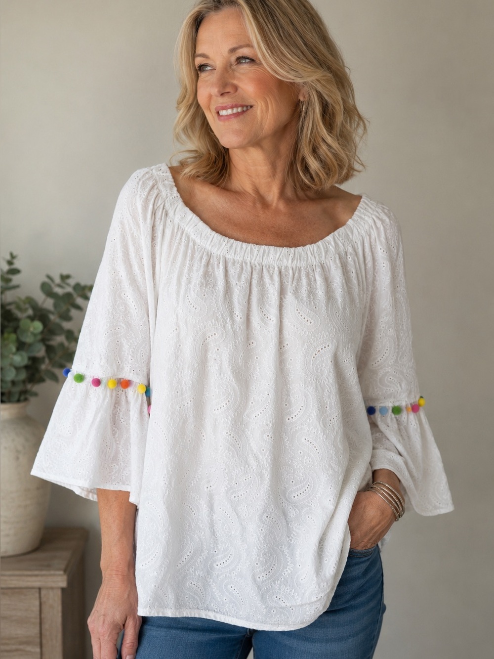 Ali Miles Plus Sz 2X White Eyelet Pom Pom Trim Elastic Neck 3/4 Bell Sleeve Top